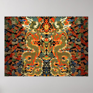 Kinesisk dragonfärgad broderi poster