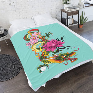 Kinesisk drak lotus körsbärsblommor fleecefilt