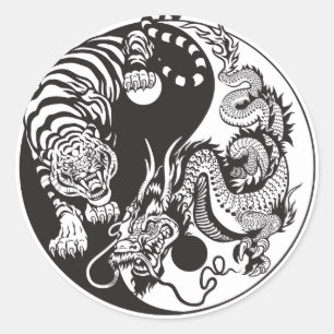 Kinesisk drake- och tiger yin yang-symbol runt klistermärke