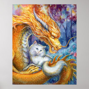 Kinesisk drake & vit katt i skogsvattenfärg poster