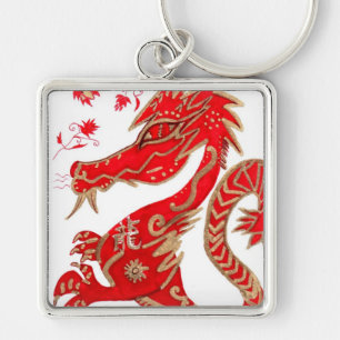 Kinesisk drakeastrologi Keychain Fyrkantig Silverfärgad Nyckelring