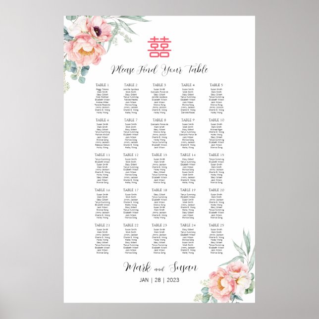 Kinesisk dubbellycka bröllopsgästlista skylt (Framsidan)