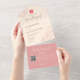 Kinesisk Elegant Peony alla i en bröllopsinbjudan