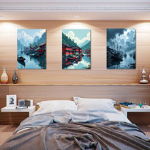 Kinesisk fiskesägel Oriental Print Set av 3