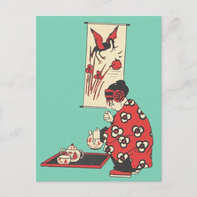 Kinesisk flicka med vykort för teaillustration (Framsida)