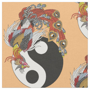 Kinesisk foenix eller Feng Huang med yin yang-symb Tyg