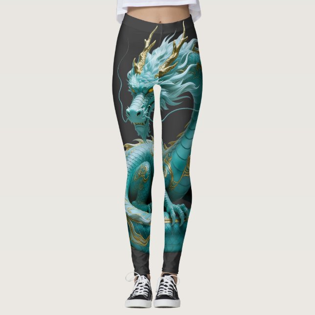 Kinesisk grön guld drak konst fantasy design med leggings (Framsida)