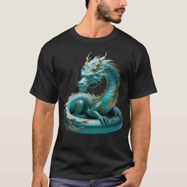 Kinesisk grön guld drak konst fantasy design med t shirt (Framsida)