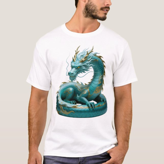 Kinesisk grön guld drak konst fantasy design med t shirt (Framsida)