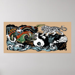Kinesisk Grönt Dragon mot White Tiger Poster