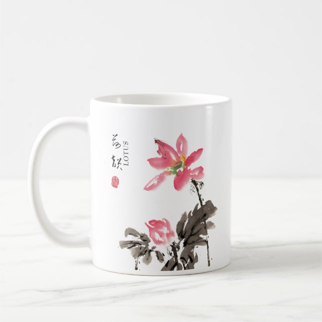 Kinesisk handmålad vattenfärgsBlommigt Lotus Kaffe Kaffemugg (Vänster)