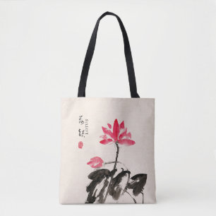 Kinesisk handmålad vattenfärgsBlommigt Lotus Tote Tygkasse