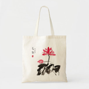 Kinesisk handmålad vattenfärgsBlommigt Lotus Tote Tygkasse