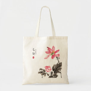Kinesisk handmålad vattenfärgsBlommigt Lotus Tote Tygkasse