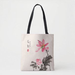 Kinesisk handmålad vattenfärgsBlommigt Lotus Tote Tygkasse
