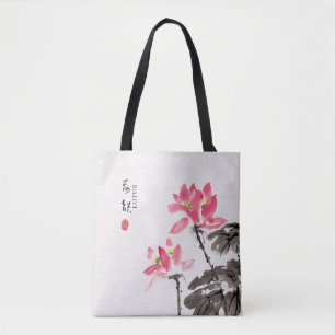 Kinesisk handmålad vattenfärgsBlommigt Lotus Tote Tygkasse