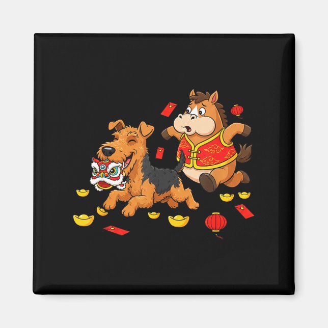 Kinesisk häst Airedale Terrier Mäns Kvinnors Glad  Magnet (Framsidan)