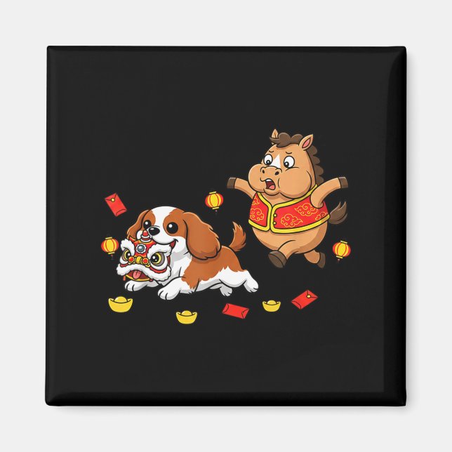 Kinesisk häst Cavalier King Charles Spaniel Glad  Magnet (Framsidan)