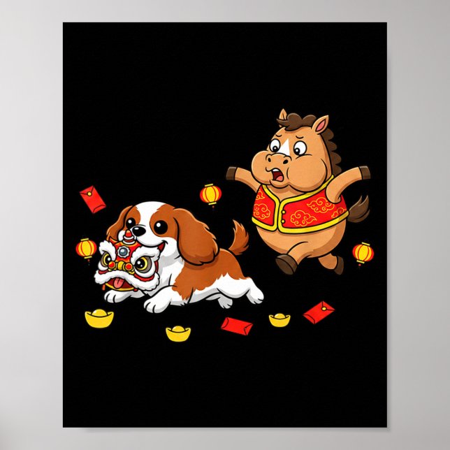 Kinesisk häst Cavalier King Charles Spaniel Glad  Poster (Framsidan)
