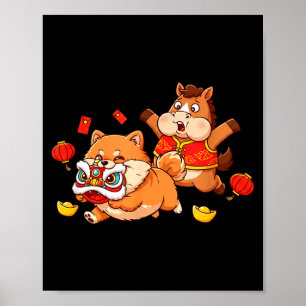 Kinesisk häst Pomeranian Barn Mäns Kvinnors Glad N Poster