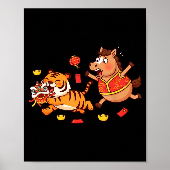Kinesisk Häst Rolig Tiger Barn Mäns Kvinnors Glad  Poster (Framsidan)