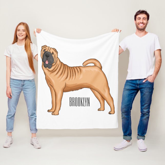 Kinesisk illustration av Shar-Pei-hund tecknad Fleecefilt (På plats)
