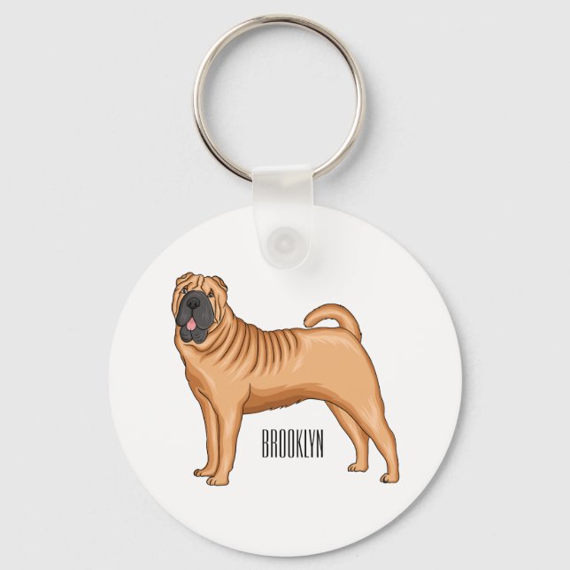 Kinesisk illustration av Shar-Pei-hund tecknad Nyckelring (Framsida)