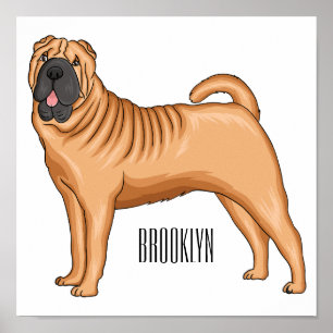 Kinesisk illustration av Shar-Pei-hund tecknad Poster