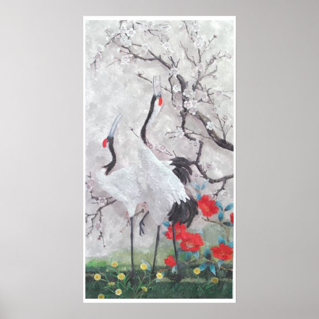 Kinesisk kran med persikofärgad Blommar vattenfärg Poster (Framsidan)