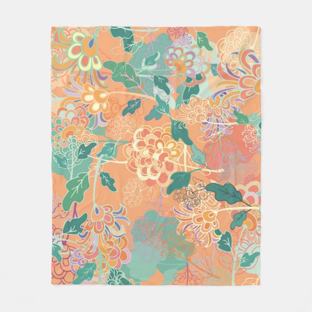 Kinesisk krysanthemum: blommigt orange mönster. fleecefilt (Framsidan)