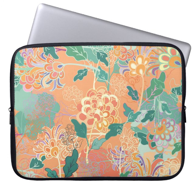 Kinesisk krysanthemum: blommigt orange mönster. laptop fodral (Framsidan)