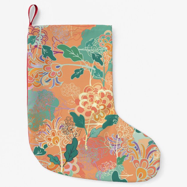 Kinesisk krysanthemum: blommigt orange mönster. liten julstrumpa (Framsidan)