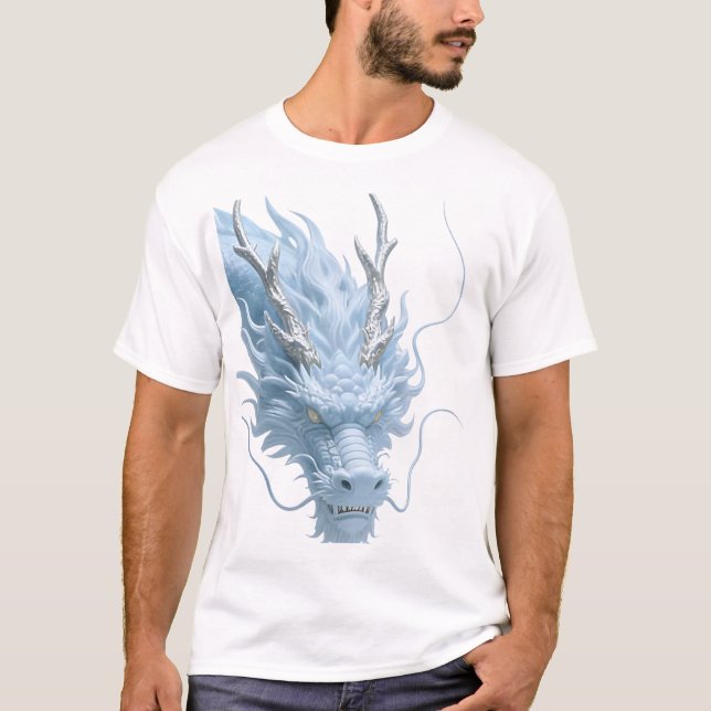 Kinesisk Ljusblå Drak Konst Fantasy Design Med T Shirt (Framsida)