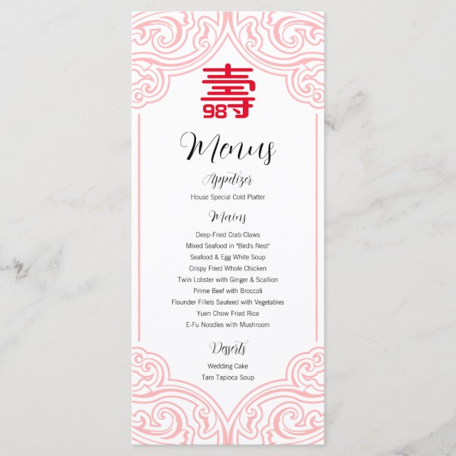 Kinesisk "Longevity" Birthday Menu (WHITE) Meny (Framsida)