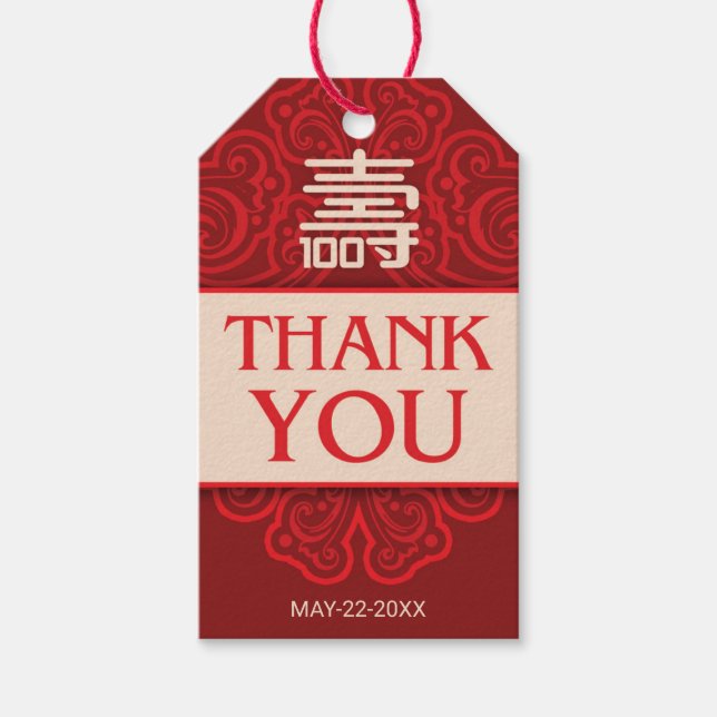 Kinesisk "Longevity" Märkre för 100:e födelsedagsg Presentetikett (Framsidan)
