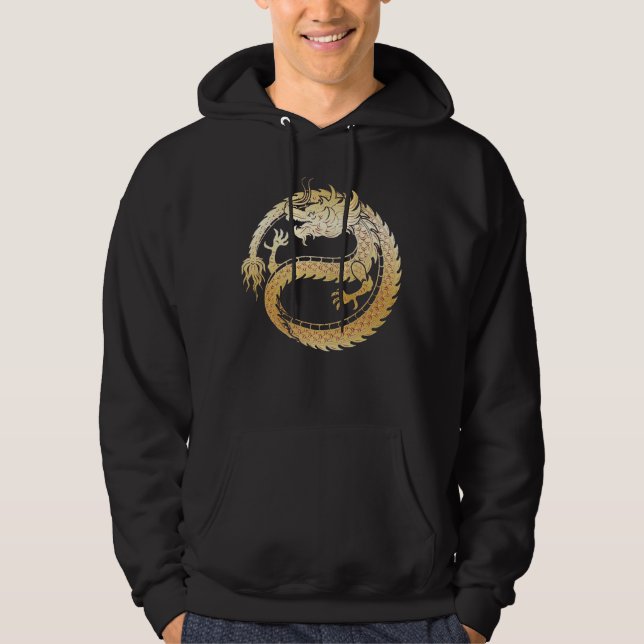 Kinesisk lunär lycklig, nyår 2024 Guld DRAGON Mana Hoodie (Framsida)