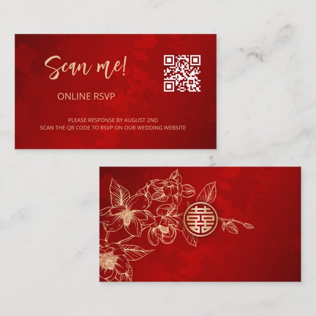 Kinesisk Magnolia-bröllops QR-kod RSVP Online Tilläggskort (Fram/baksida)