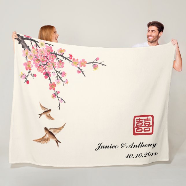 Kinesisk målarfågel bläck, blommigt bröllop fleecefilt (På plats)