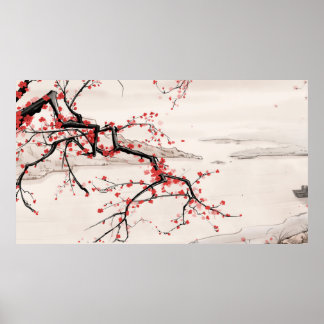 Kinesisk målning av Riverside Plum Blommar Bläck Poster