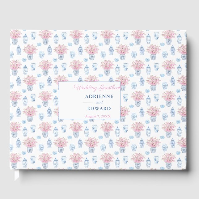 Kinesisk marinblått och Rosa Bröllop Gästböcker (Framsida)
