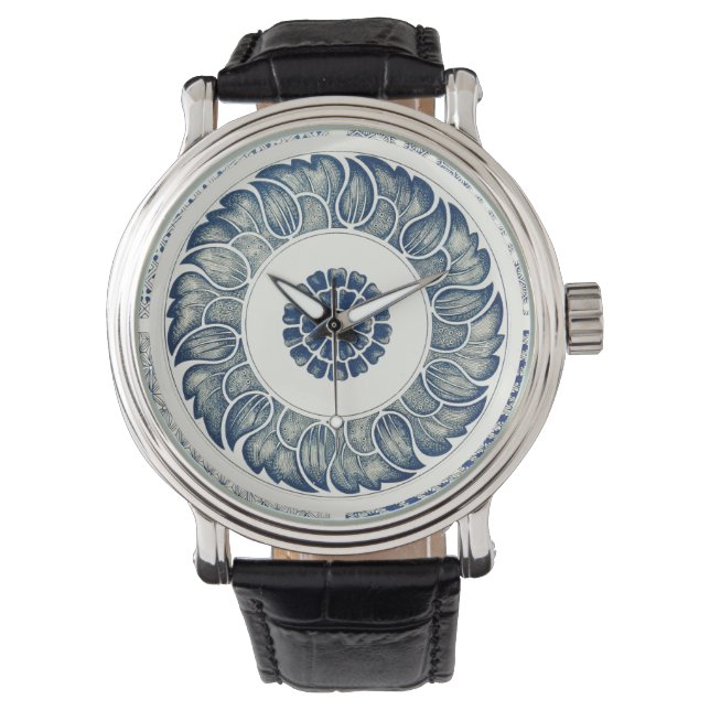 Kinesisk medaljong: Indigo blå chinoiserie Armbandsur (Framsida)