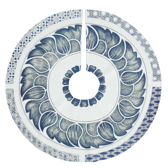 Kinesisk medaljong: Indigo blå chinoiserie Julgransmatta Borstad Polyester (Framsidan)