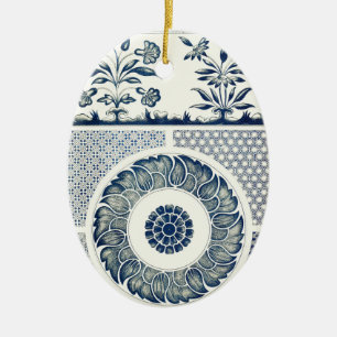 Kinesisk medaljong: Indigo blå chinoiserie Julgransprydnad Keramik