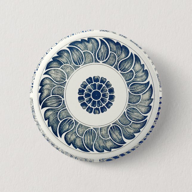 Kinesisk medaljong: Indigo blå chinoiserie Knapp (Framsida)
