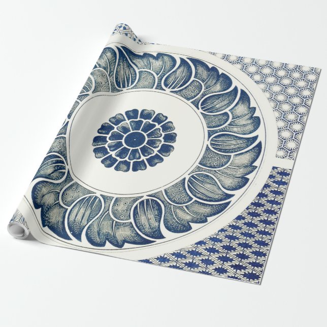 Kinesisk medaljong: Indigo blå chinoiserie Presentpapper (Utrullad)