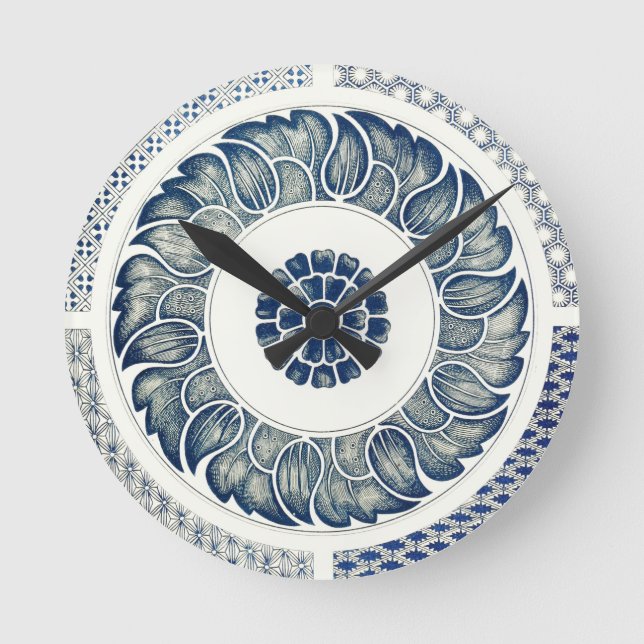 Kinesisk medaljong: Indigo blå chinoiserie Rund Klocka (Framsida)