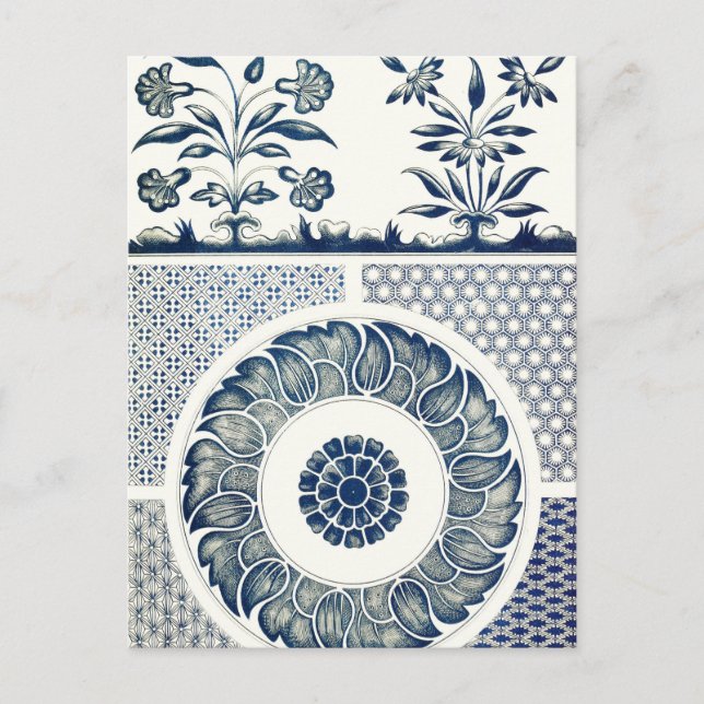 Kinesisk medaljong: Indigo blå chinoiserie Vykort (Framsida)