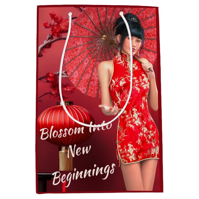 Kinesisk nyårsflicka med rödparaplyer (Framsidan)