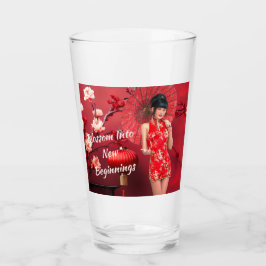 Kinesisk nyårsflicka med rödparaplyer glaskopp