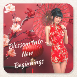 Kinesisk nyårsflicka med rödparaplyer underlägg papper kvadrat